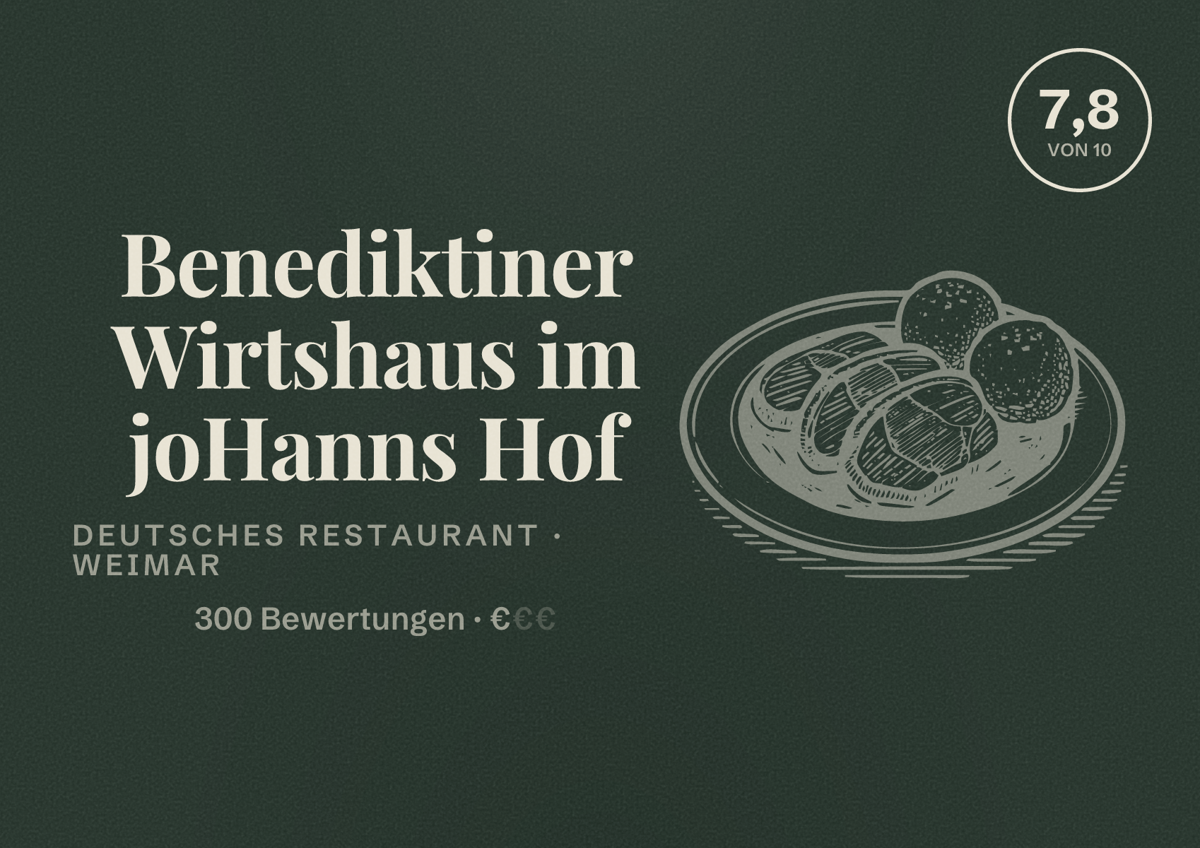 Illustriertes Poster von Benediktiner Wirtshaus im joHanns Hof, Deutsches Restaurant in Weimar: Bewertung 7,8 von 10 aus 300 Bewertungen, Preisniveau €