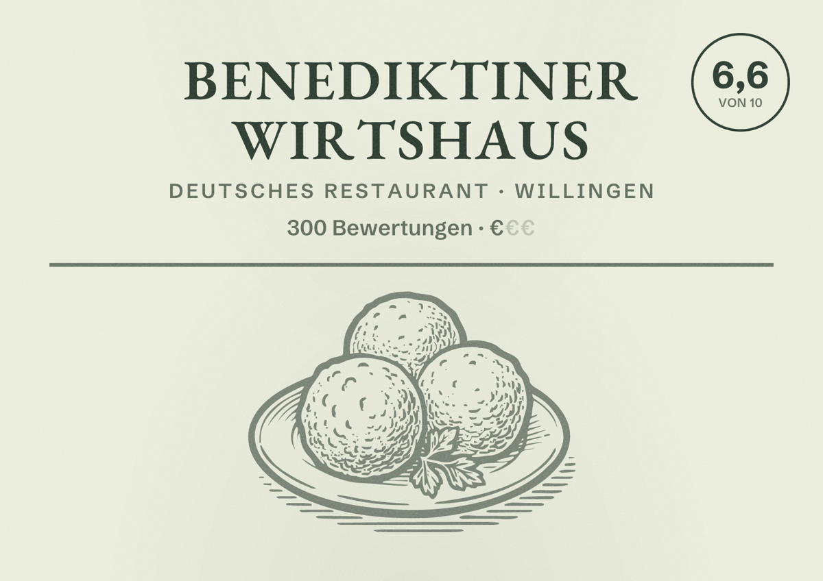 Illustriertes Poster von Benediktiner Wirtshaus, Deutsches Restaurant in Willingen: Bewertung 6,6 von 10 aus 300 Bewertungen, Preisniveau €