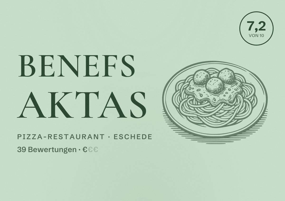 Illustriertes Poster von Benefs Aktas, Pizza-Restaurant in Eschede: Bewertung 7,2 von 10 aus 39 Bewertungen, Preisniveau €