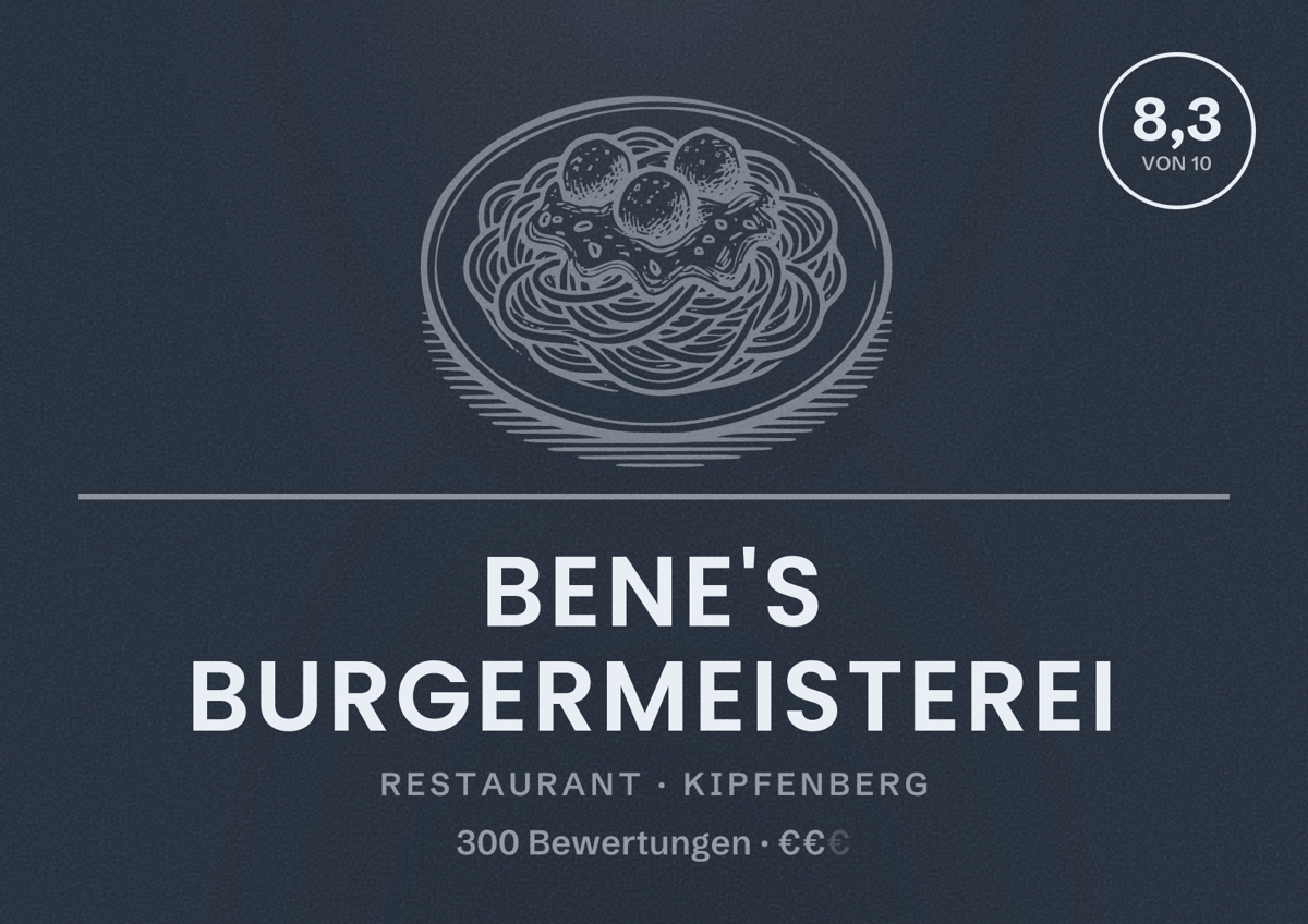 Illustriertes Poster von Bene's Burgermeisterei, Restaurant in Kipfenberg: Bewertung 8,3 von 10 aus 300 Bewertungen, Preisniveau €€
