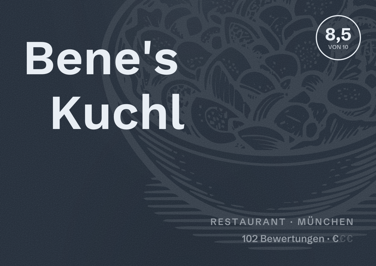 Illustriertes Poster von Bene's Kuchl, Restaurant in München: Bewertung 8,5 von 10 aus 102 Bewertungen, Preisniveau €