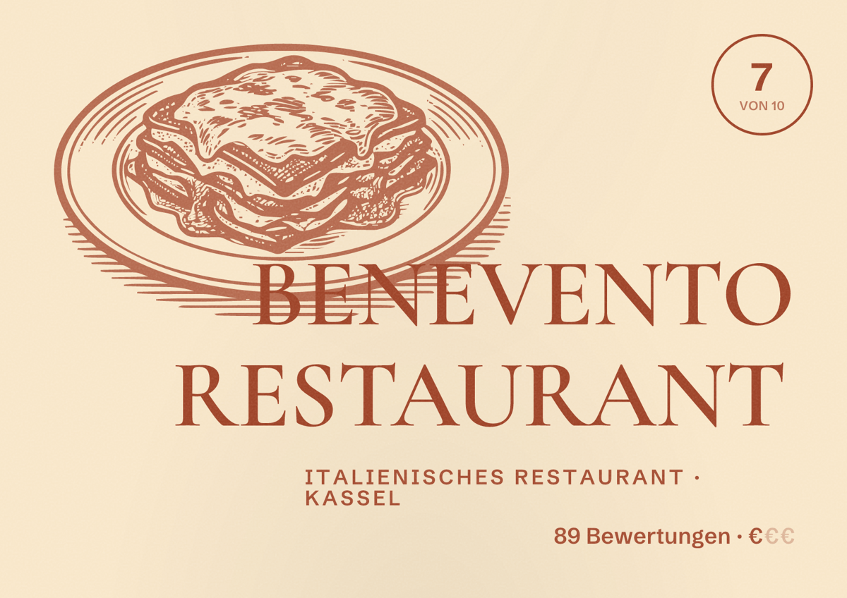 Illustriertes Poster von BENEVENTO RESTAURANT, Italienisches Restaurant in Kassel: Bewertung 7 von 10 aus 89 Bewertungen, Preisniveau €