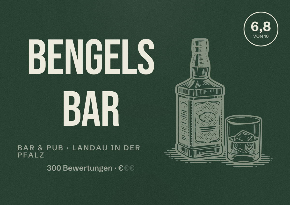 Illustriertes Poster von Bengels Bar, Bar & Pub in Landau in der Pfalz: Bewertung 6,8 von 10 aus 300 Bewertungen, Preisniveau €