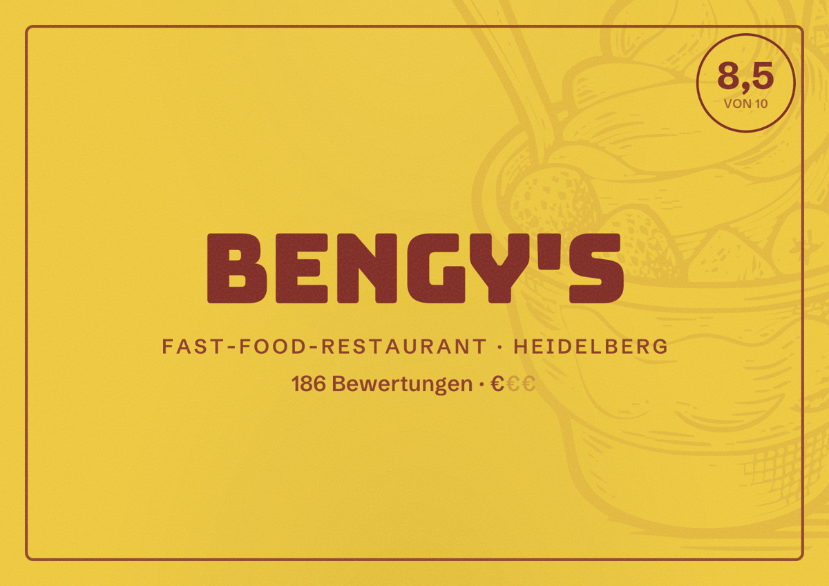 Illustriertes Poster von Bengy's, Fast-Food-Restaurant in Heidelberg: Bewertung 8,5 von 10 aus 186 Bewertungen, Preisniveau €