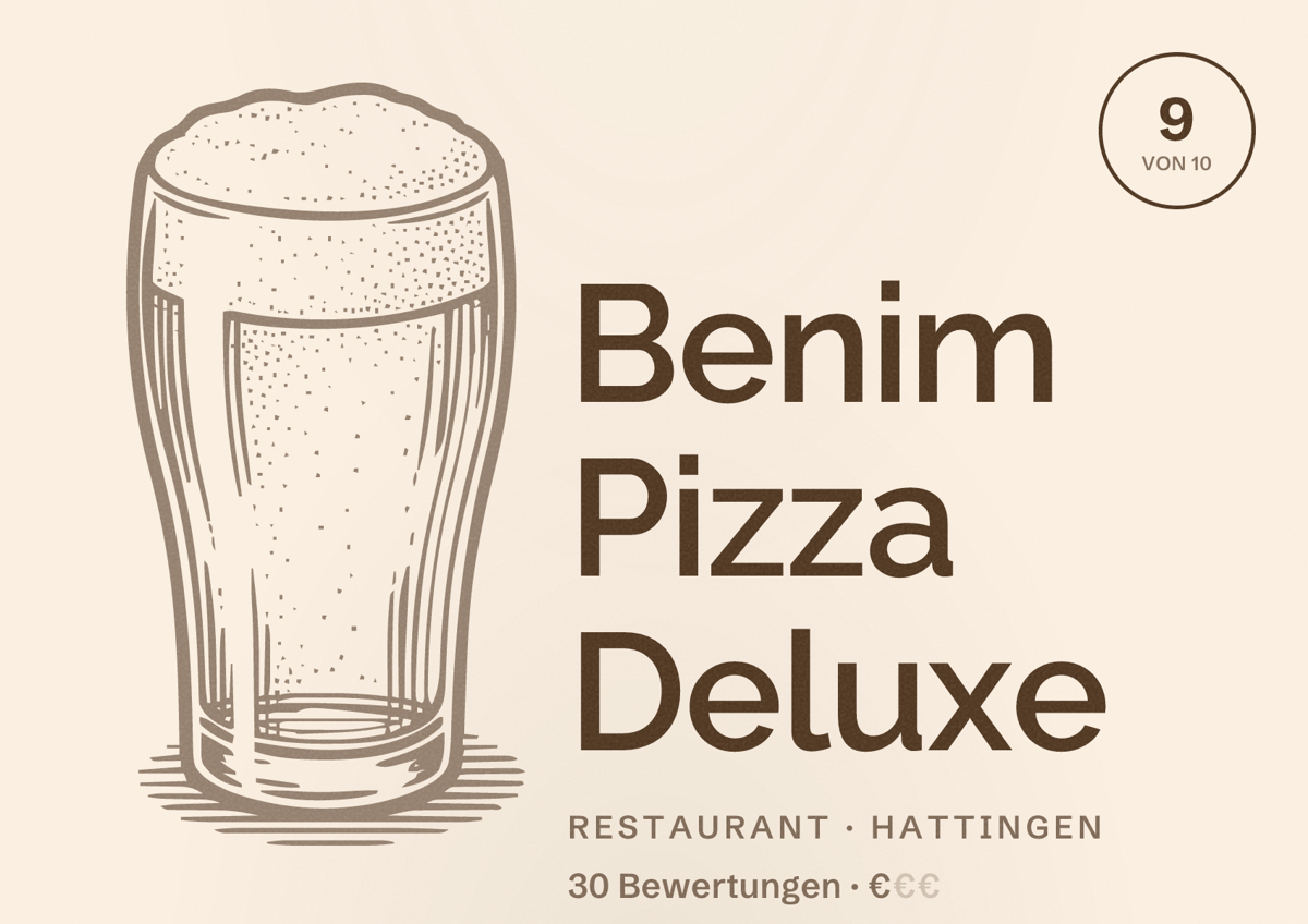 Illustriertes Poster von Benim Pizza Deluxe, Restaurant in Hattingen: Bewertung 9 von 10 aus 30 Bewertungen, Preisniveau €