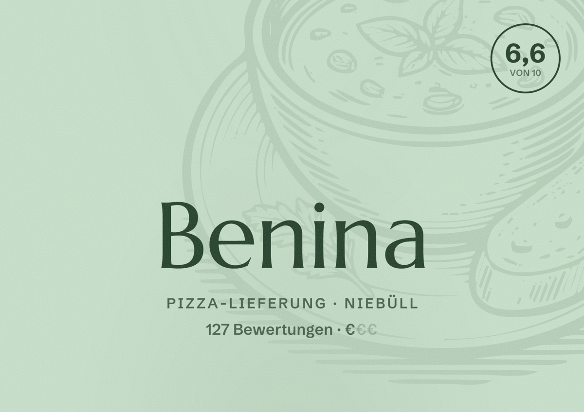 Illustriertes Poster von Benina, Pizza-Lieferung in Niebüll: Bewertung 6,6 von 10 aus 127 Bewertungen, Preisniveau €