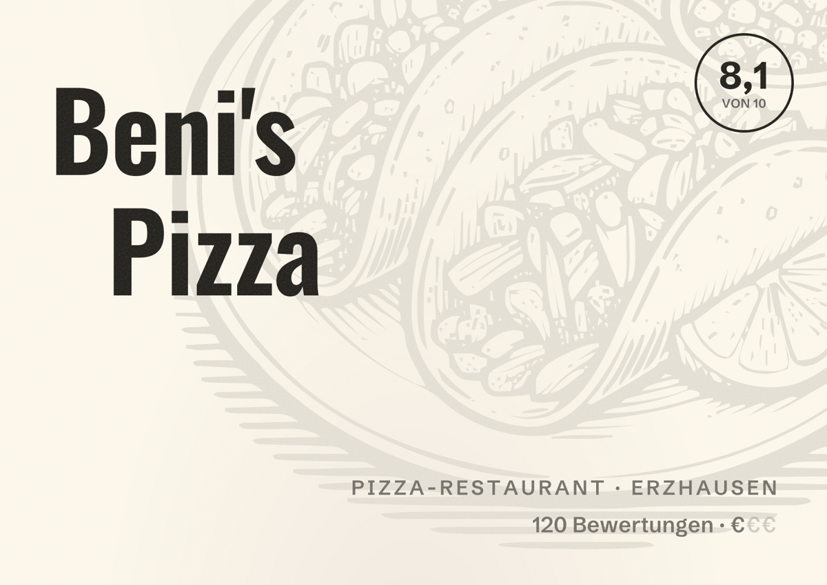 Illustriertes Poster von Beni's Pizza, Pizza-Restaurant in Erzhausen: Bewertung 8,1 von 10 aus 120 Bewertungen, Preisniveau €