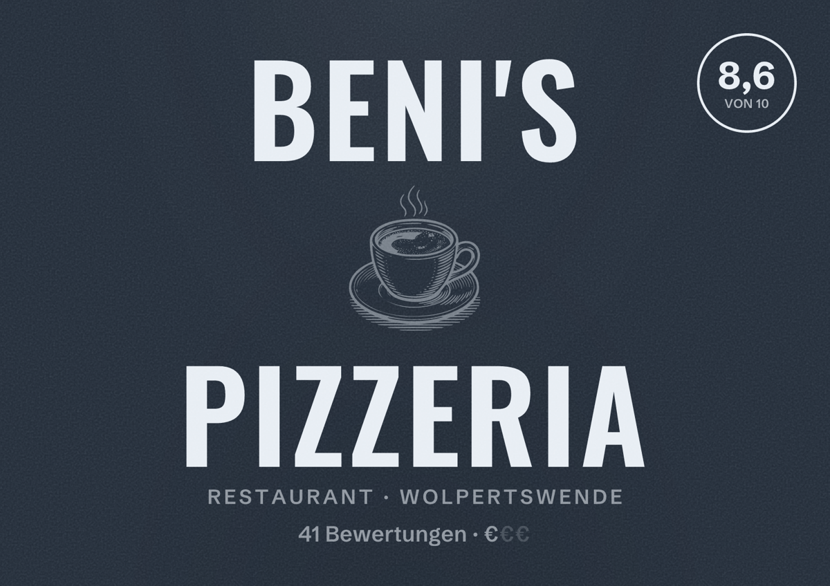Illustriertes Poster von Beni's Pizzeria, Restaurant in Wolpertswende: Bewertung 8,6 von 10 aus 41 Bewertungen, Preisniveau €