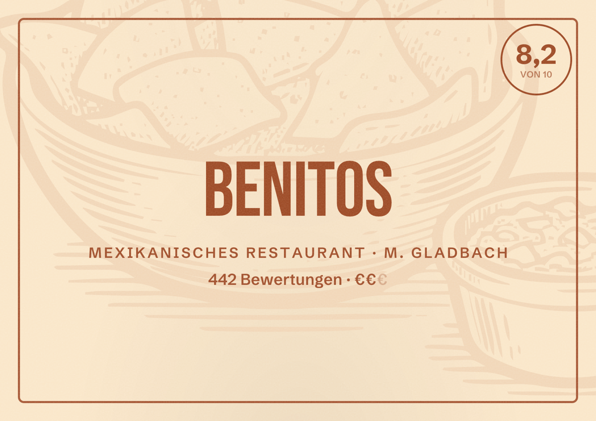 Illustriertes Poster von Benitos, Mexikanisches Restaurant in M. Gladbach: Bewertung 8,2 von 10 aus 442 Bewertungen, Preisniveau €€