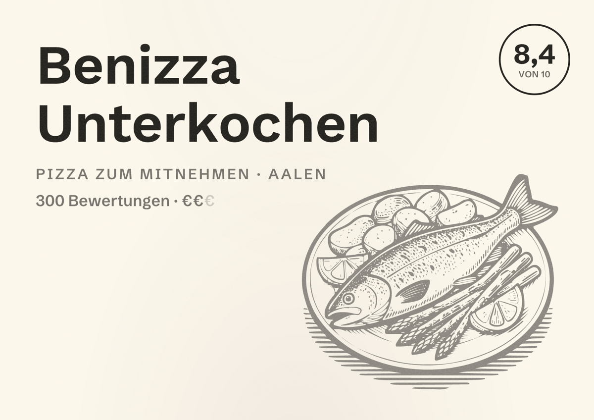 Illustriertes Poster von Benizza Unterkochen, Pizza zum Mitnehmen in Aalen: Bewertung 8,4 von 10 aus 300 Bewertungen, Preisniveau €€