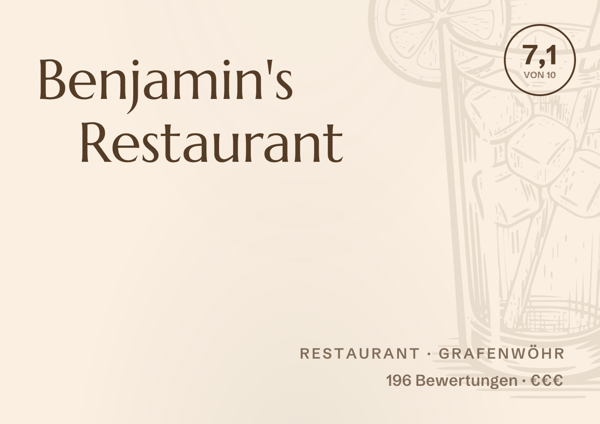 Illustriertes Poster von Benjamin's Restaurant, Restaurant in Grafenwöhr: Bewertung 7,1 von 10 aus 196 Bewertungen, Preisniveau €€€