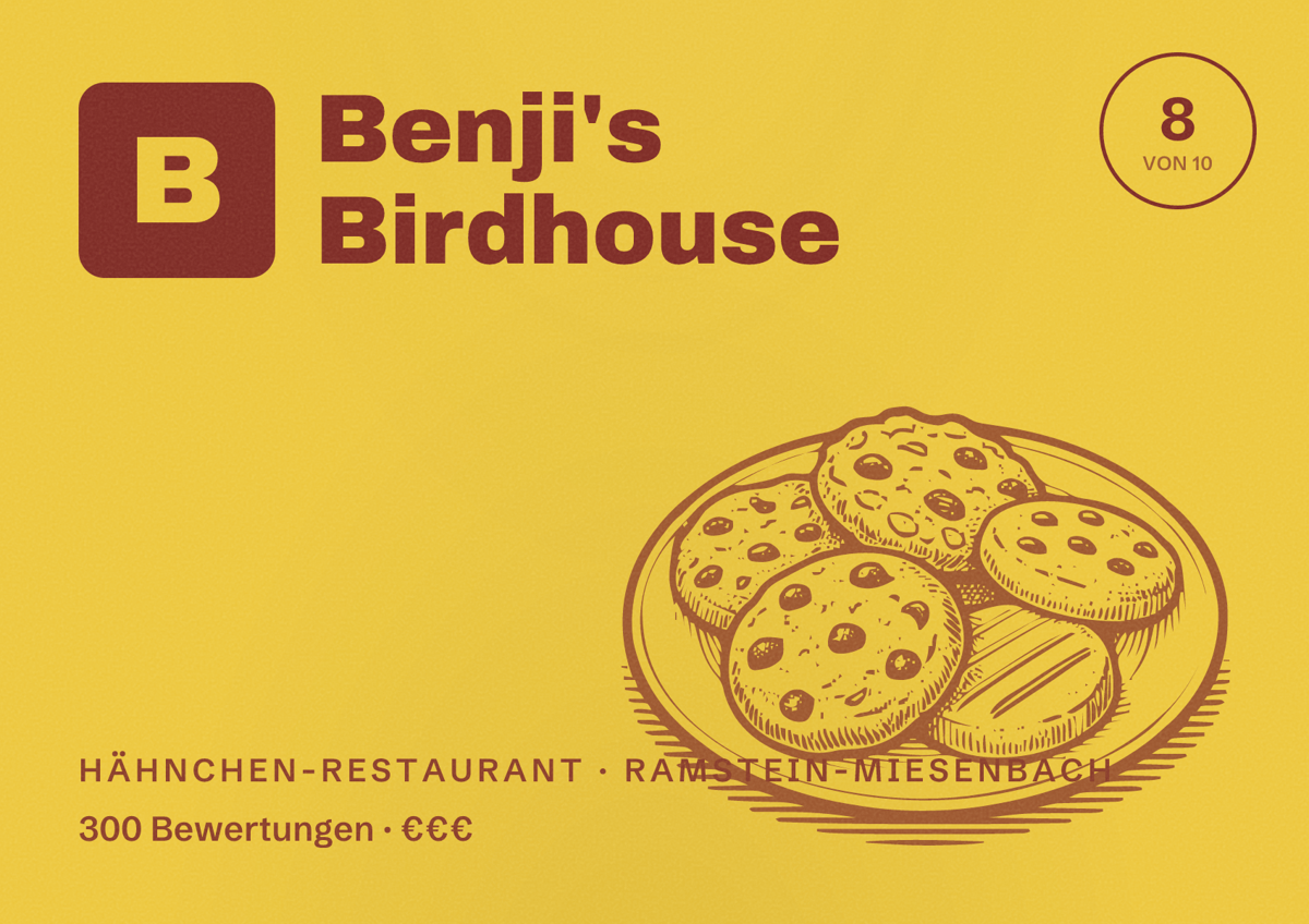 Illustriertes Poster von Benji's Birdhouse, Hähnchen-Restaurant in Ramstein-Miesenbach: Bewertung 8 von 10 aus 300 Bewertungen, Preisniveau €€€