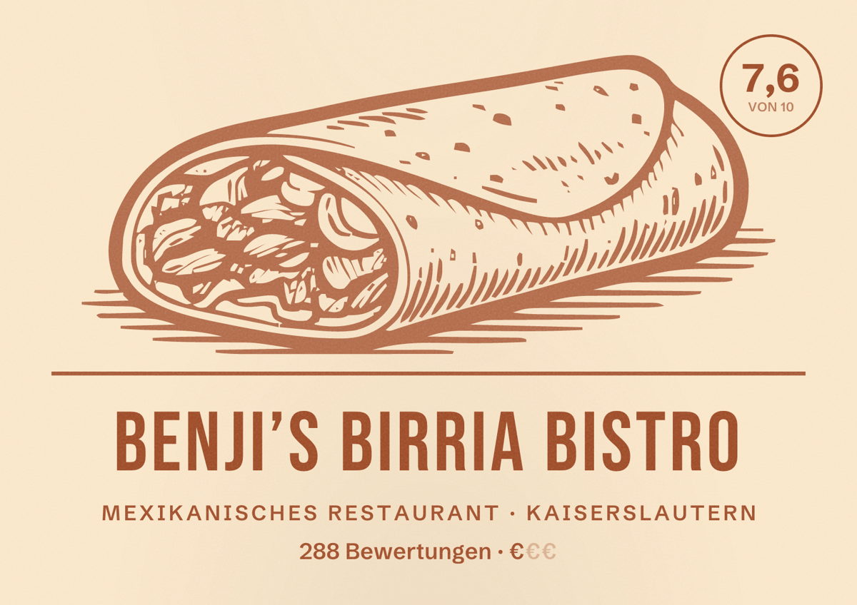 Illustriertes Poster von Benji’s Birria Bistro, Mexikanisches Restaurant in Kaiserslautern: Bewertung 7,6 von 10 aus 288 Bewertungen, Preisniveau €