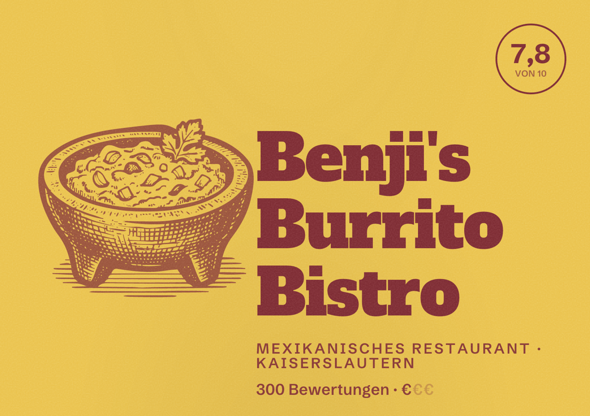 Illustriertes Poster von Benji's Burrito Bistro, Mexikanisches Restaurant in Kaiserslautern: Bewertung 7,8 von 10 aus 300 Bewertungen, Preisniveau €