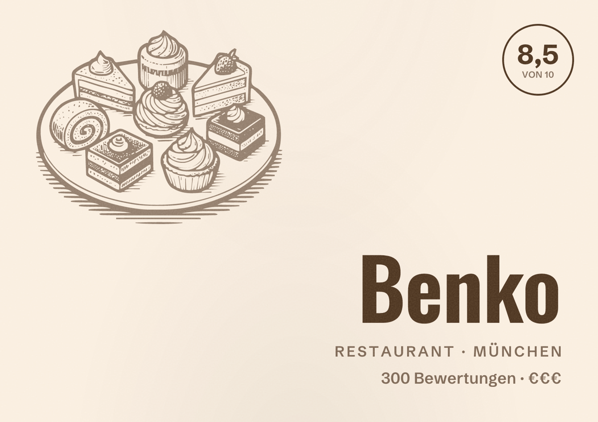 Illustriertes Poster von Benko, Restaurant in München: Bewertung 8,5 von 10 aus 300 Bewertungen, Preisniveau €€€