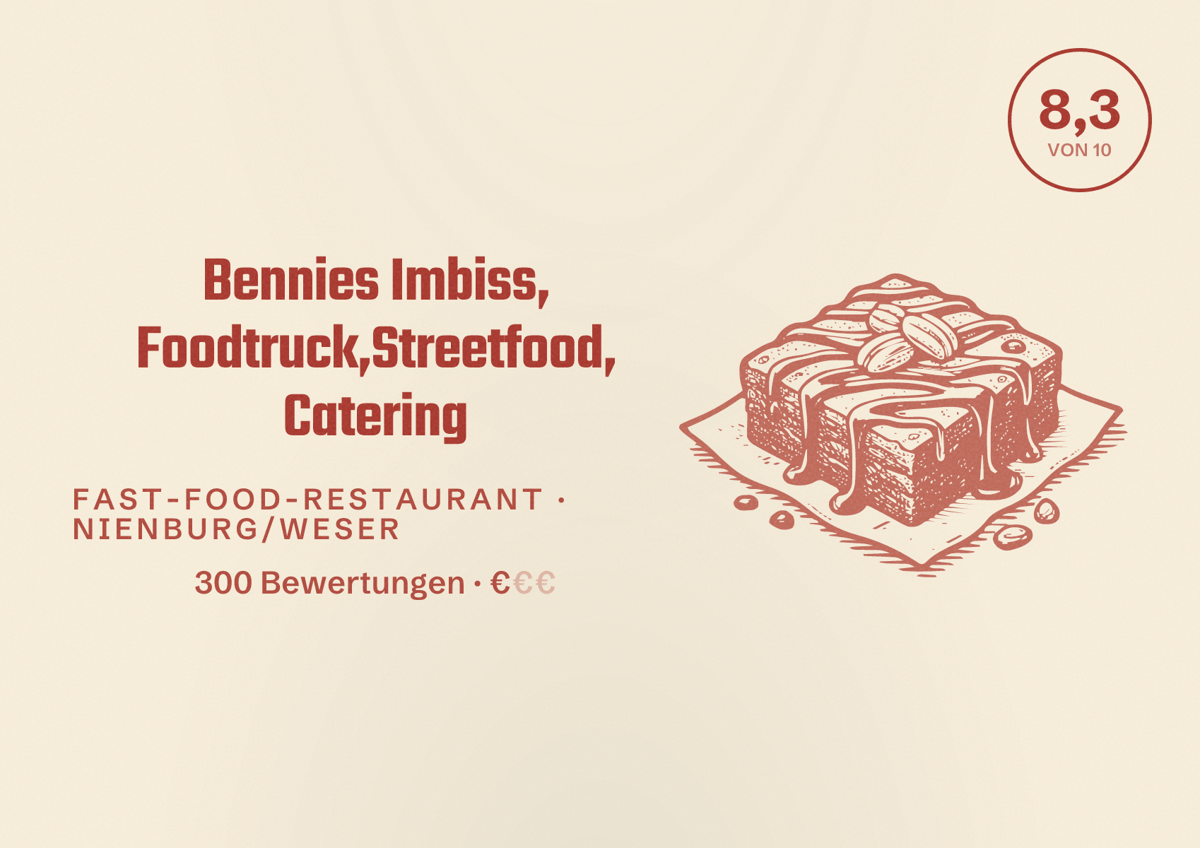 Illustriertes Poster von Bennies Imbiss, Foodtruck,Streetfood, Catering, Fast-Food-Restaurant in Nienburg/Weser: Bewertung 8,3 von 10 aus 300 Bewertungen, Preisniveau €