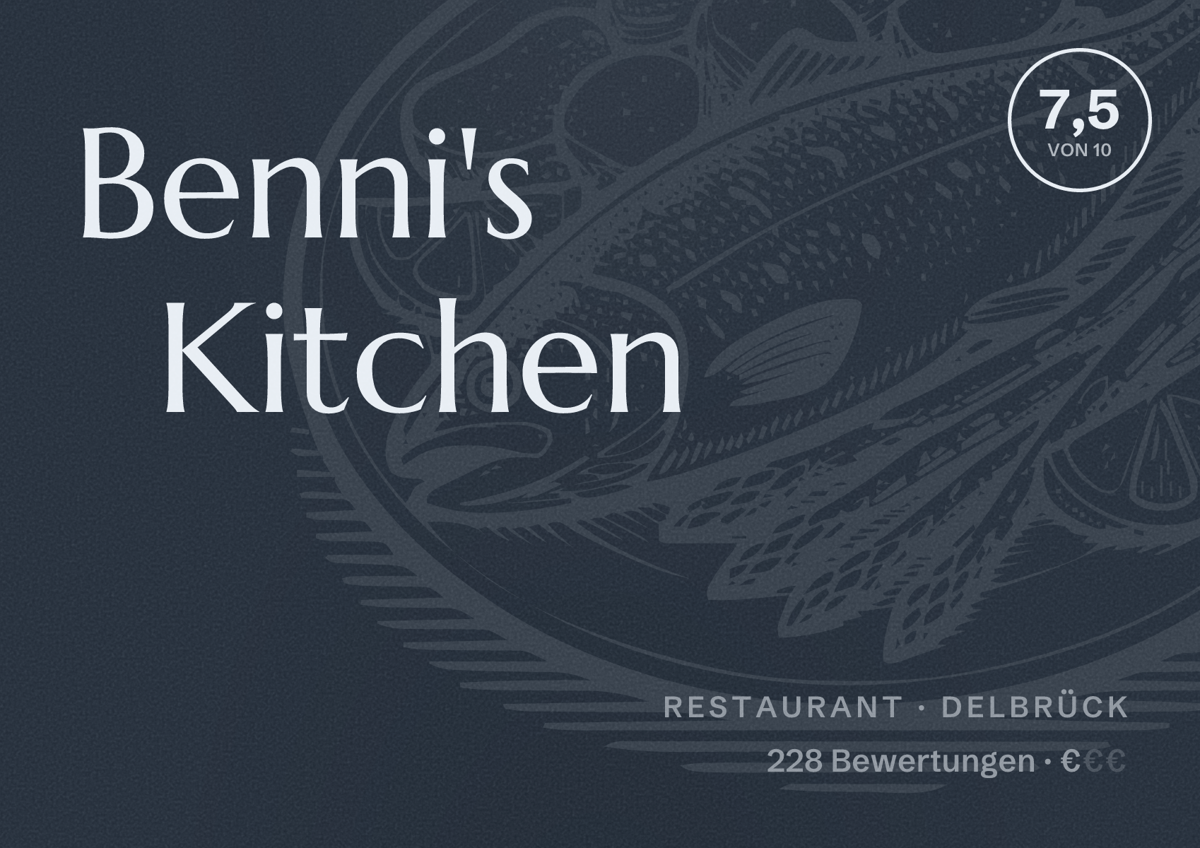 Illustriertes Poster von Benni's Kitchen, Restaurant in Delbrück: Bewertung 7,5 von 10 aus 228 Bewertungen, Preisniveau €