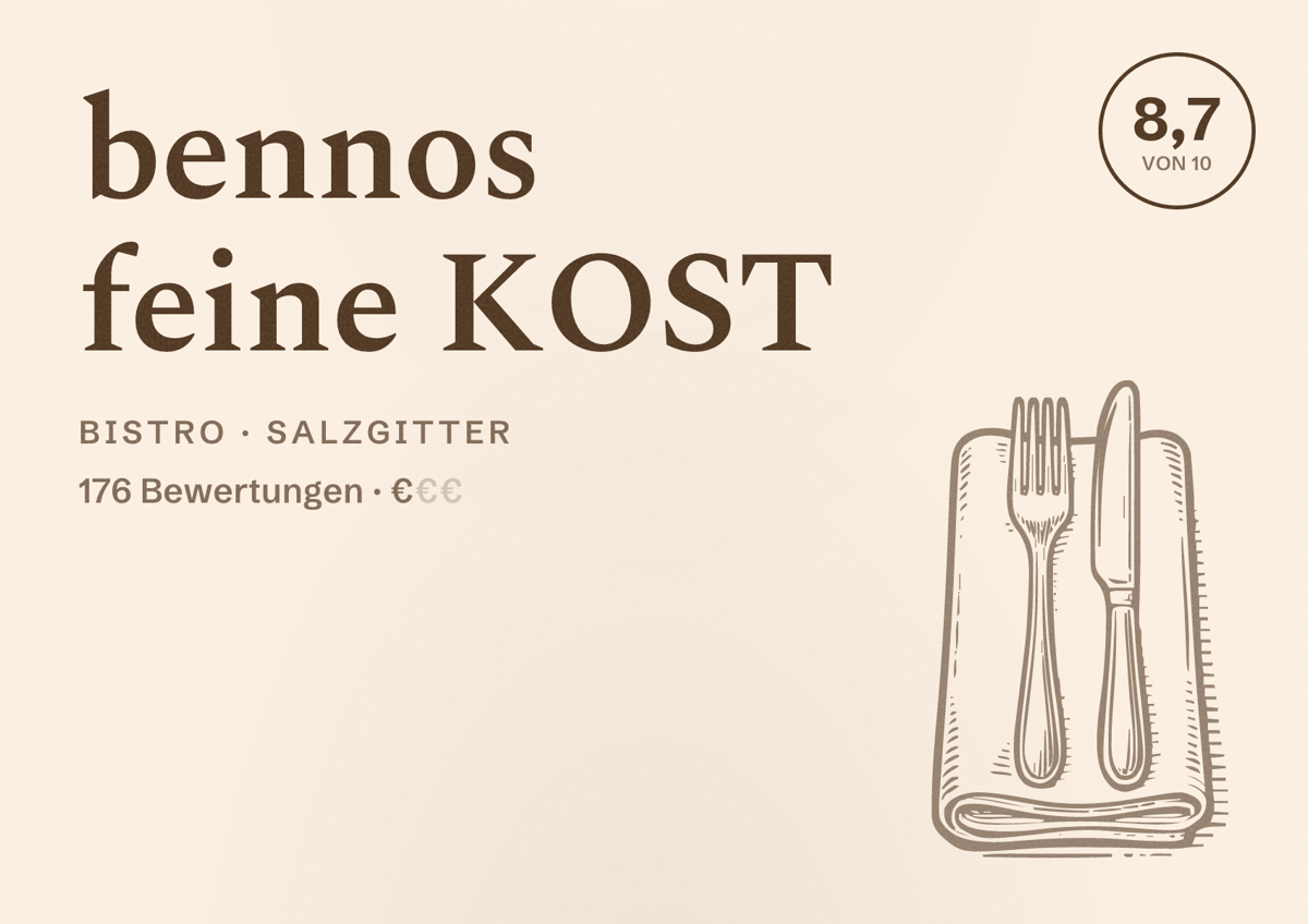 Illustriertes Poster von bennos feine KOST, Bistro in Salzgitter: Bewertung 8,7 von 10 aus 176 Bewertungen, Preisniveau €