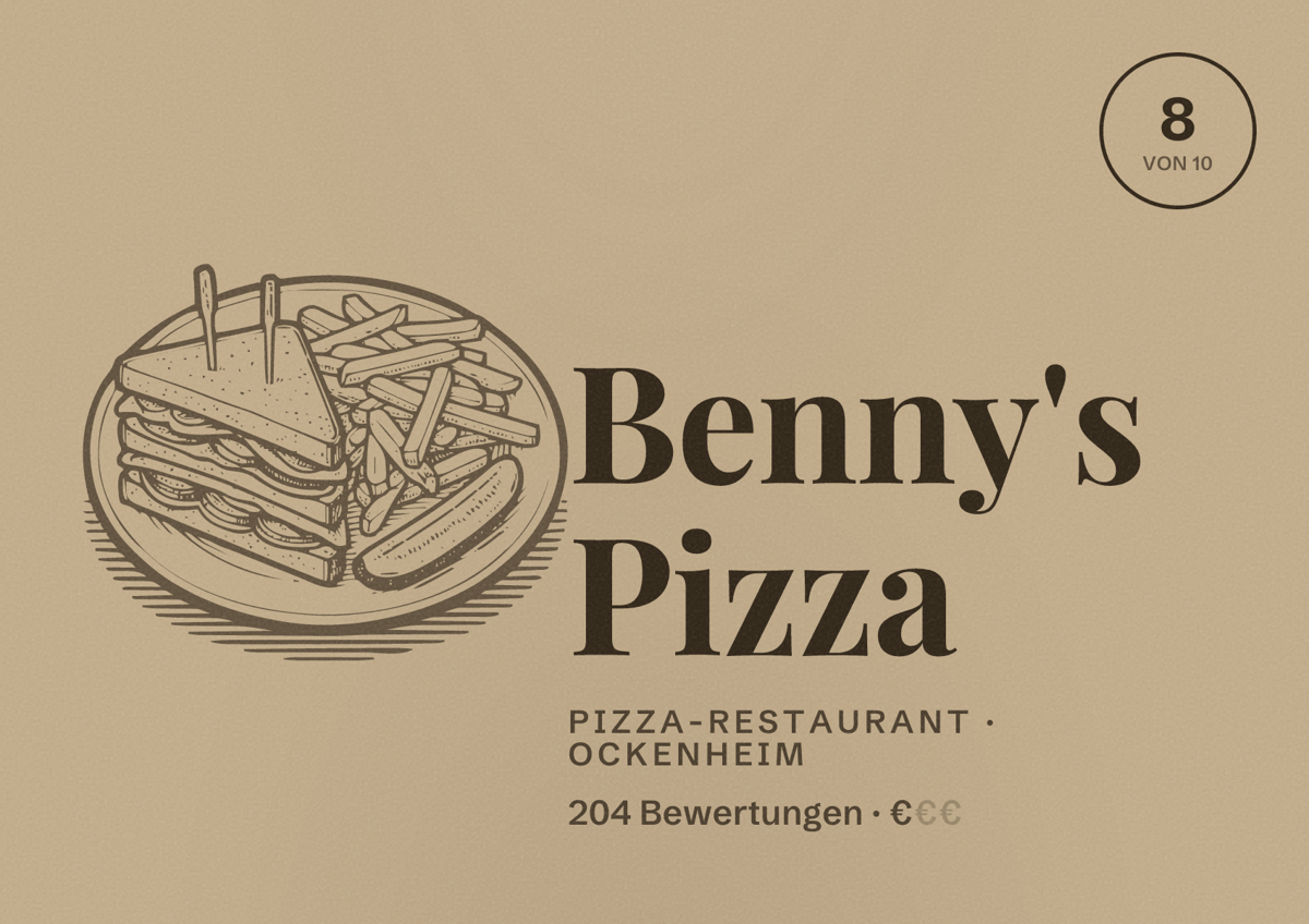 Illustriertes Poster von Benny's Pizza, Pizza-Restaurant in Ockenheim: Bewertung 8 von 10 aus 204 Bewertungen, Preisniveau €