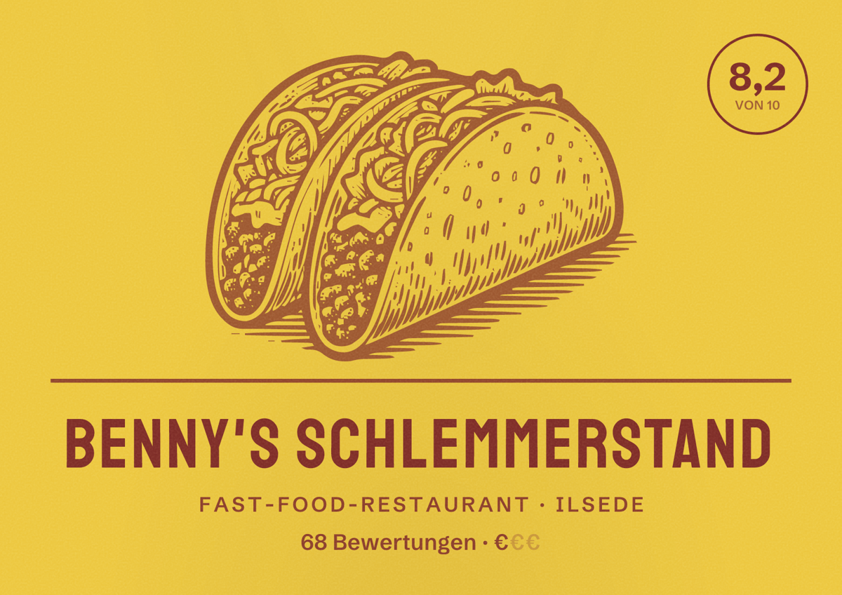 Illustriertes Poster von Benny's Schlemmerstand, Fast-Food-Restaurant in Ilsede: Bewertung 8,2 von 10 aus 68 Bewertungen, Preisniveau €