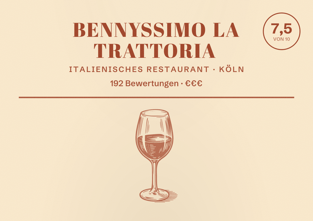 Illustriertes Poster von Bennyssimo La Trattoria, Italienisches Restaurant in Köln: Bewertung 7,5 von 10 aus 192 Bewertungen, Preisniveau €€€