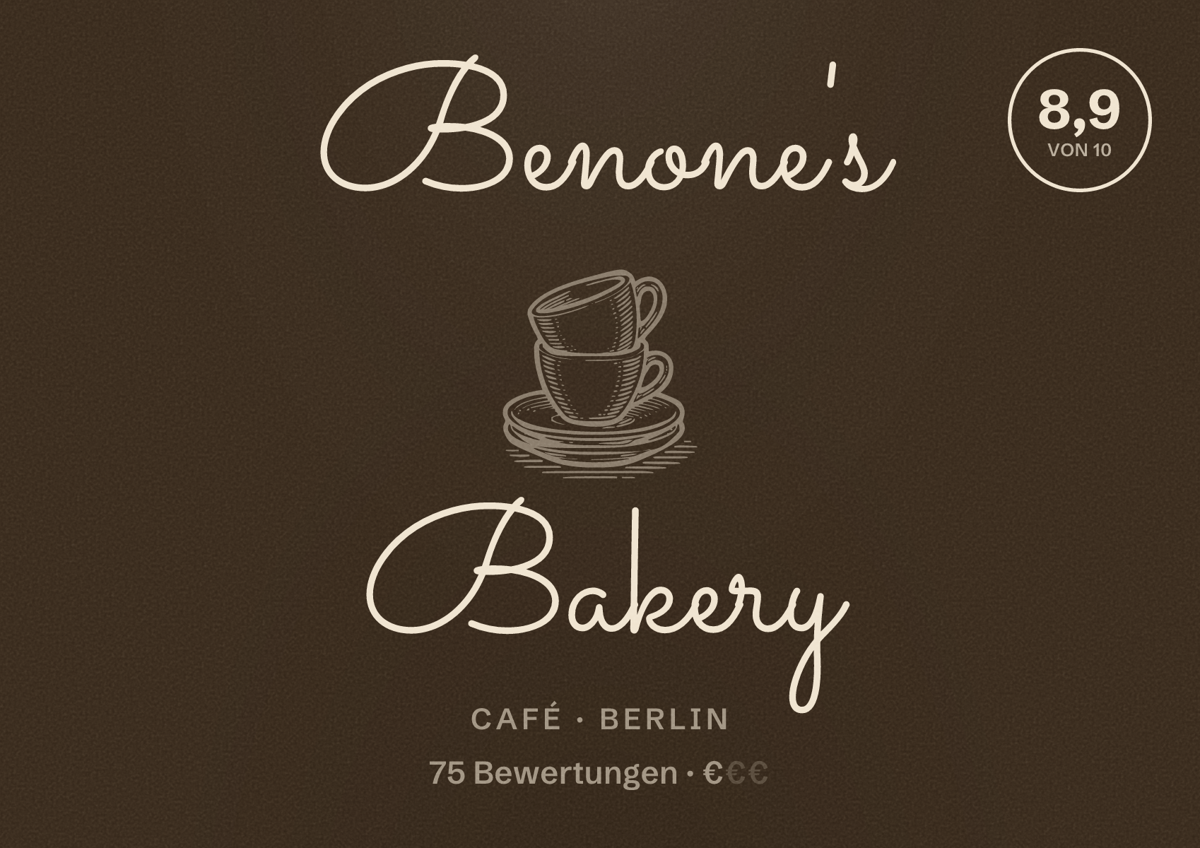 Illustriertes Poster von Benone's Bakery, Café in Berlin: Bewertung 8,9 von 10 aus 75 Bewertungen, Preisniveau €