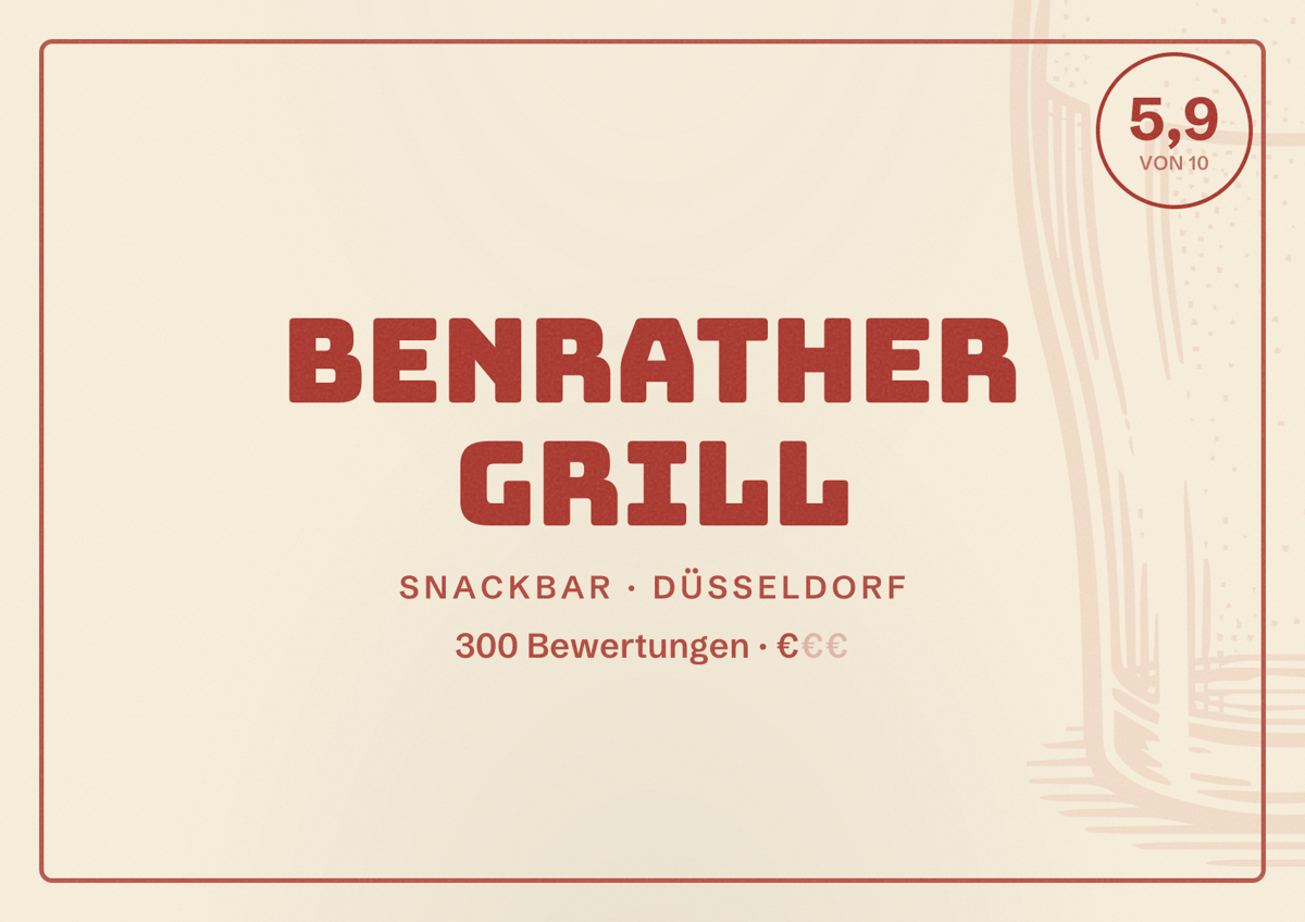 Illustriertes Poster von Benrather Grill, Snackbar in Düsseldorf: Bewertung 5,9 von 10 aus 300 Bewertungen, Preisniveau €