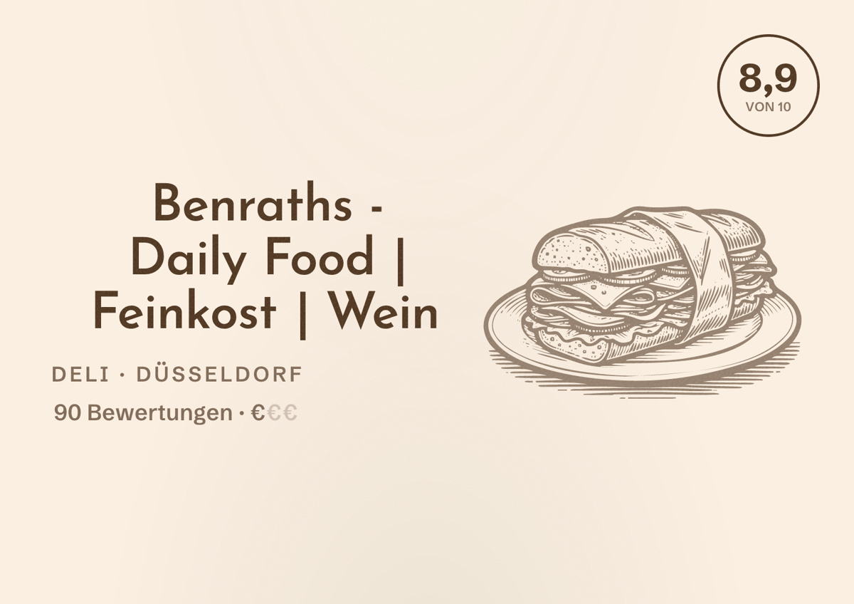 Illustriertes Poster von Benraths - Daily Food | Feinkost | Wein, Deli in Düsseldorf: Bewertung 8,9 von 10 aus 90 Bewertungen, Preisniveau €