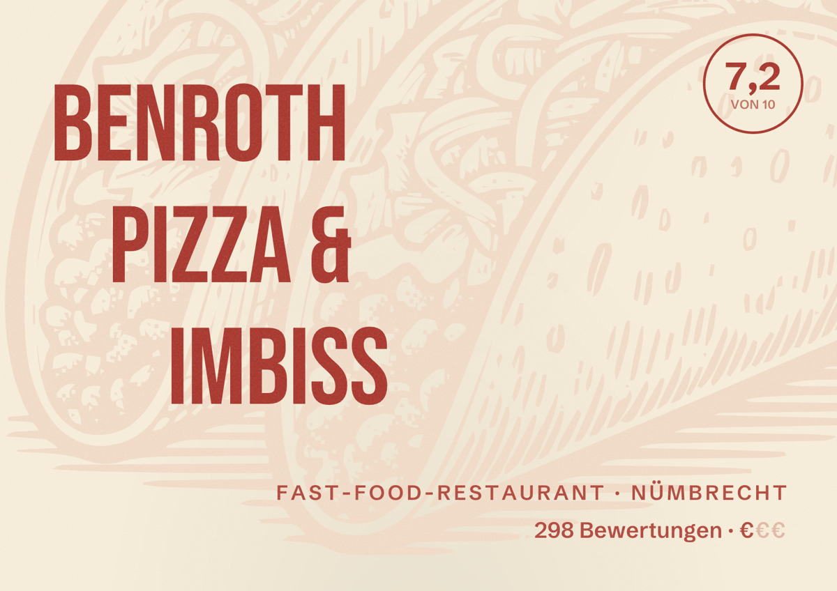 Illustriertes Poster von Benroth Pizza & Imbiss, Fast-Food-Restaurant in Nümbrecht: Bewertung 7,2 von 10 aus 298 Bewertungen, Preisniveau €