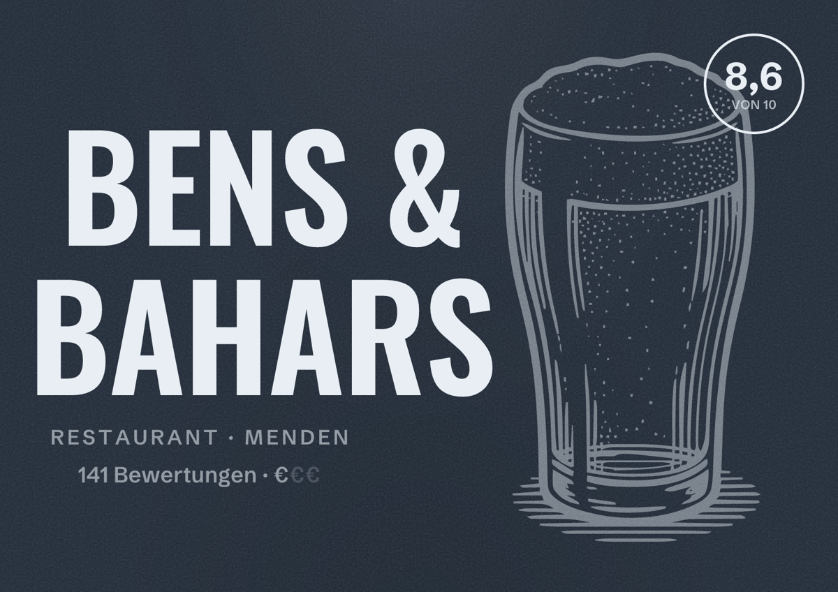 Illustriertes Poster von BENS & BAHARS, Restaurant in Menden: Bewertung 8,6 von 10 aus 141 Bewertungen, Preisniveau €