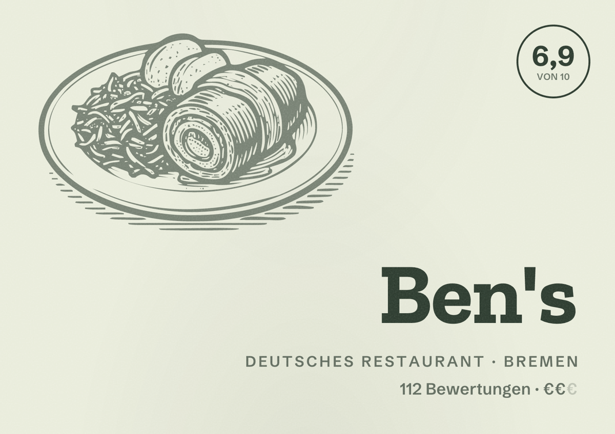 Illustriertes Poster von Ben's, Deutsches Restaurant in Bremen: Bewertung 6,9 von 10 aus 112 Bewertungen, Preisniveau €€