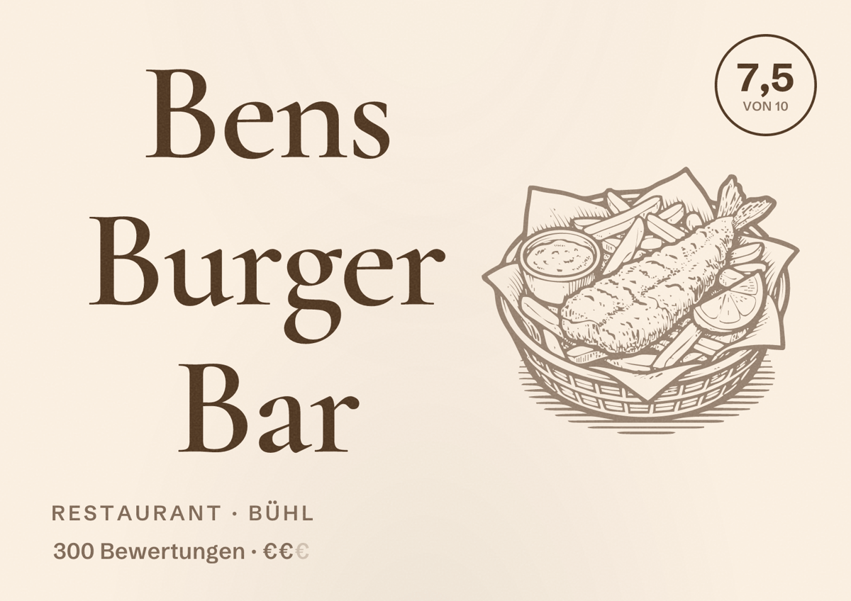 Illustriertes Poster von Bens Burger Bar, Restaurant in Bühl: Bewertung 7,5 von 10 aus 300 Bewertungen, Preisniveau €€