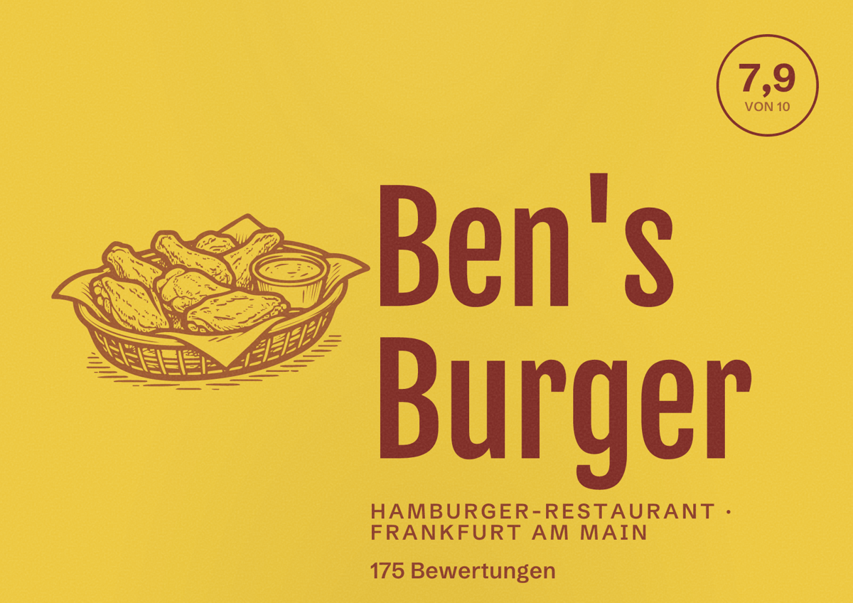 Illustriertes Poster von Ben's Burger, Hamburger-Restaurant in Frankfurt am Main: Bewertung 7,9 von 10 aus 175 Bewertungen