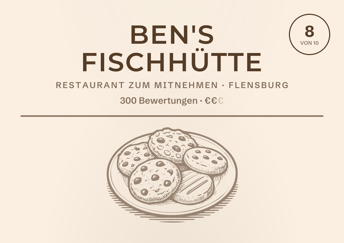 Illustriertes Poster von Ben's Fischhütte, Restaurant zum Mitnehmen in Flensburg: Bewertung 8 von 10 aus 300 Bewertungen, Preisniveau €€