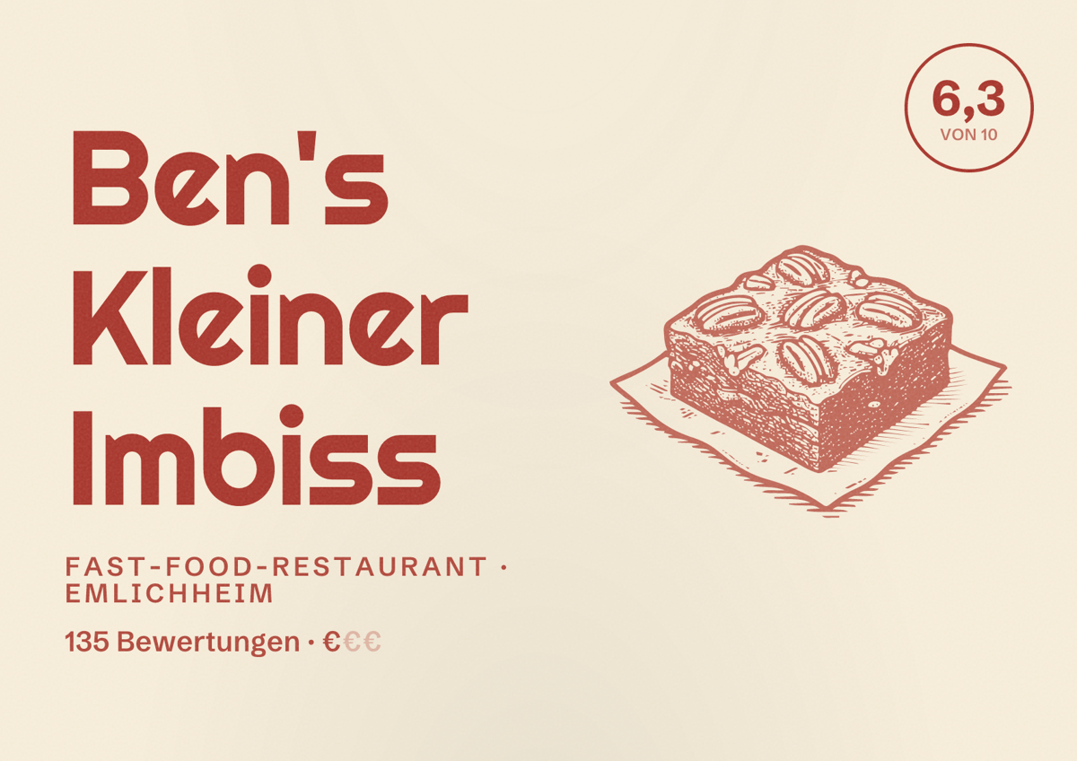Illustriertes Poster von Ben's Kleiner Imbiss, Fast-Food-Restaurant in Emlichheim: Bewertung 6,3 von 10 aus 135 Bewertungen, Preisniveau €