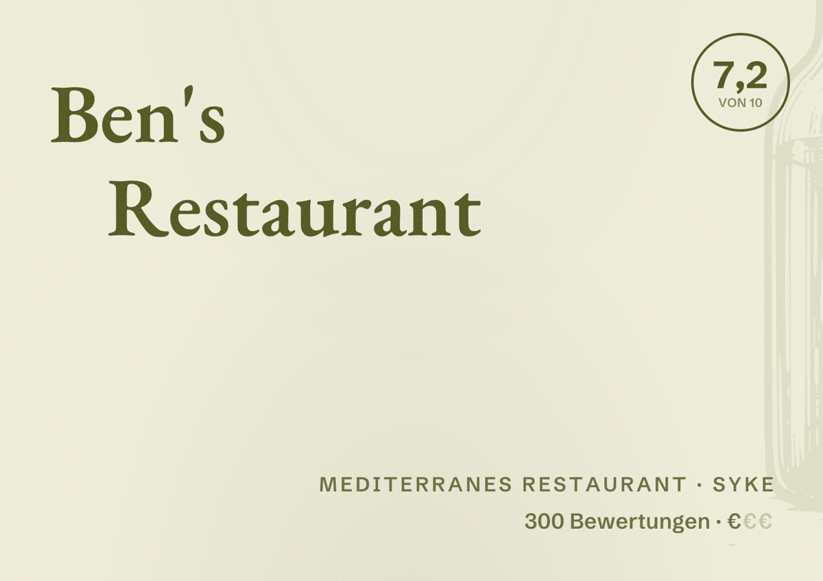 Illustriertes Poster von Ben's Restaurant, Mediterranes Restaurant in Syke: Bewertung 7,2 von 10 aus 300 Bewertungen, Preisniveau €