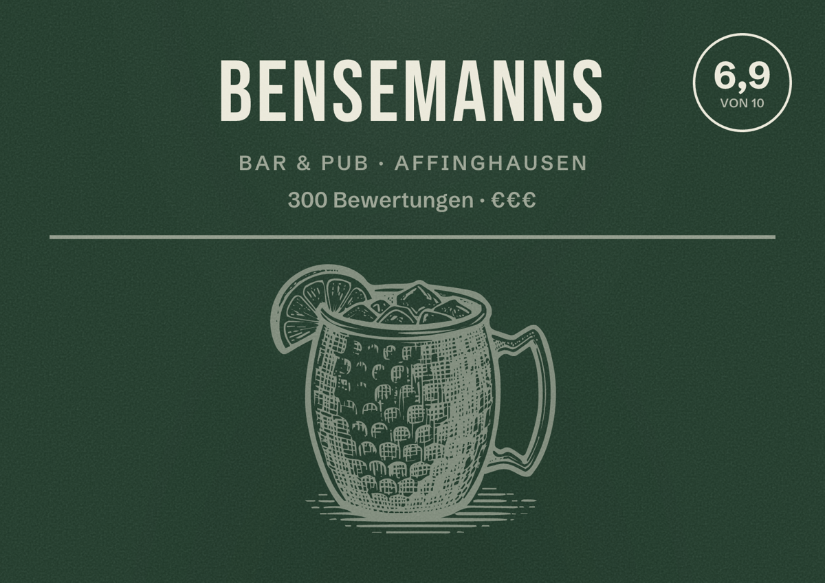 Illustriertes Poster von Bensemanns, Bar & Pub in Affinghausen: Bewertung 6,9 von 10 aus 300 Bewertungen, Preisniveau €€€