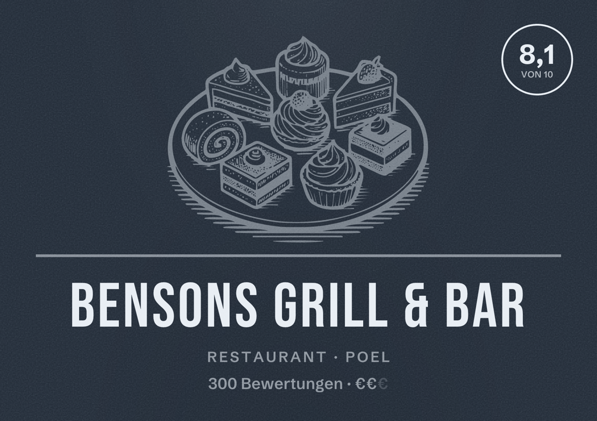 Illustriertes Poster von Bensons Grill & Bar, Restaurant in Poel: Bewertung 8,1 von 10 aus 300 Bewertungen, Preisniveau €€