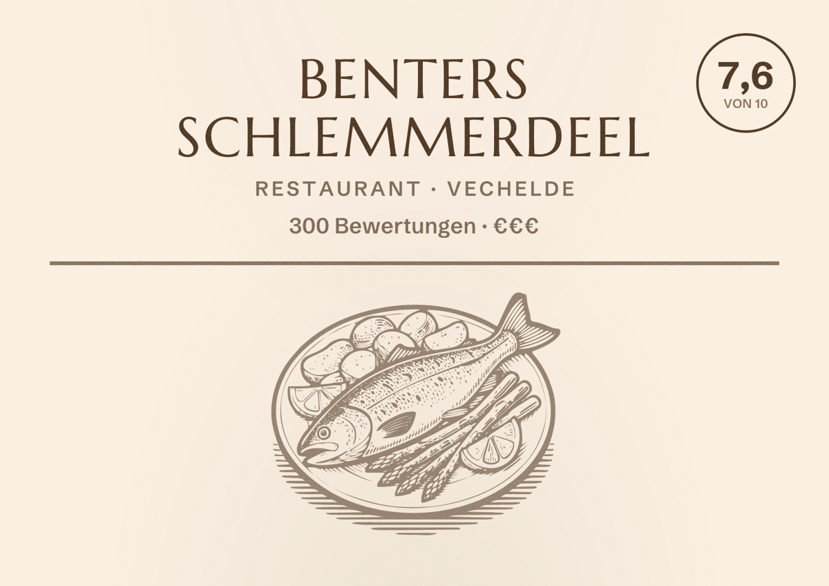 Illustriertes Poster von Benters Schlemmerdeel, Restaurant in Vechelde: Bewertung 7,6 von 10 aus 300 Bewertungen, Preisniveau €€€