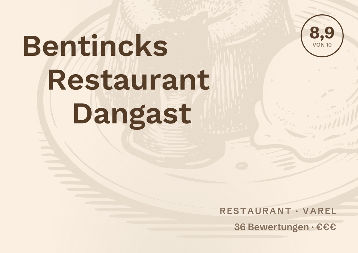 Illustriertes Poster von Bentincks Restaurant Dangast, Restaurant in Varel: Bewertung 8,9 von 10 aus 36 Bewertungen, Preisniveau €€€