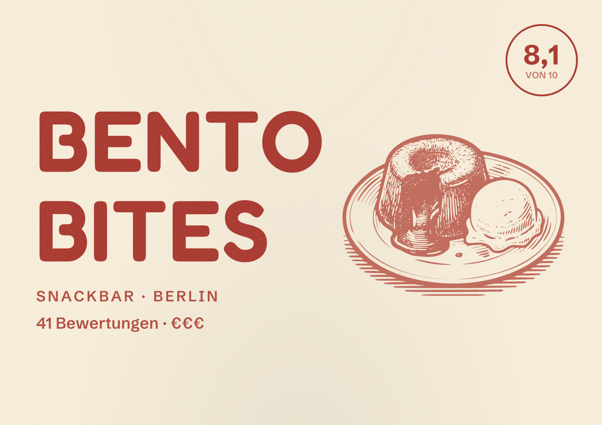 Illustriertes Poster von Bento Bites, Snackbar in Berlin: Bewertung 8,1 von 10 aus 41 Bewertungen, Preisniveau €€€