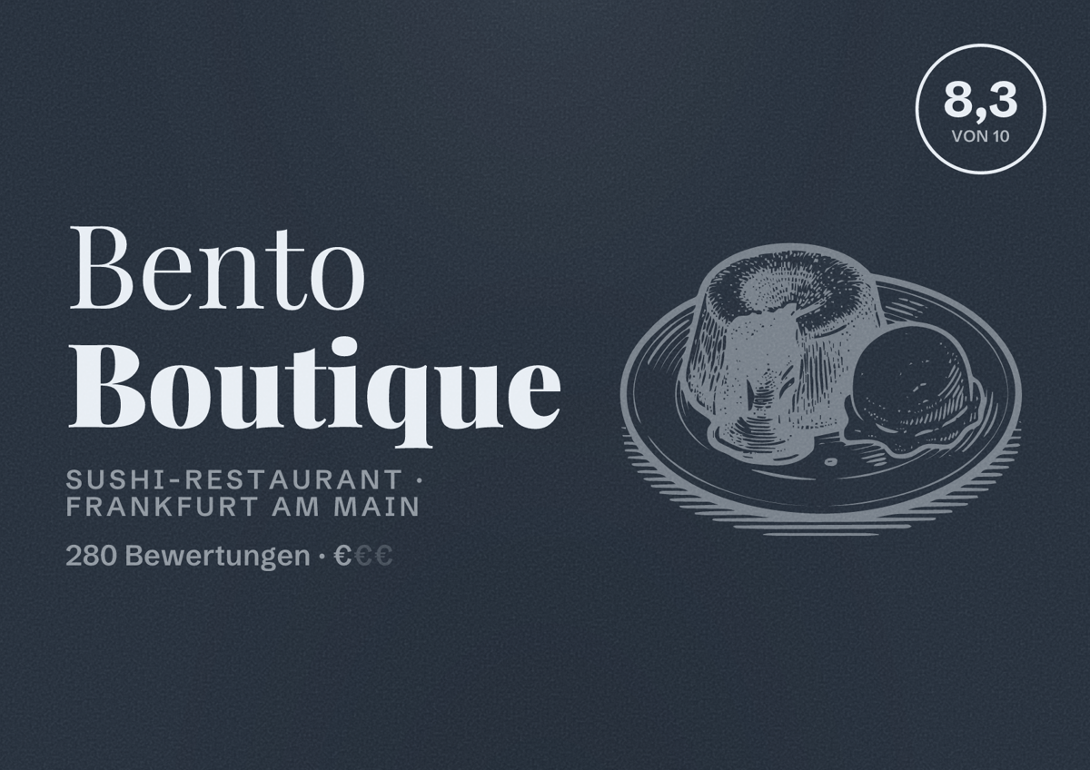 Illustriertes Poster von Bento Boutique, Sushi-Restaurant in Frankfurt am Main: Bewertung 8,3 von 10 aus 280 Bewertungen, Preisniveau €