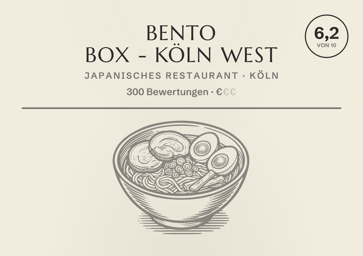 Illustriertes Poster von BENTO BOX - Köln West, Japanisches Restaurant in Köln: Bewertung 6,2 von 10 aus 300 Bewertungen, Preisniveau €