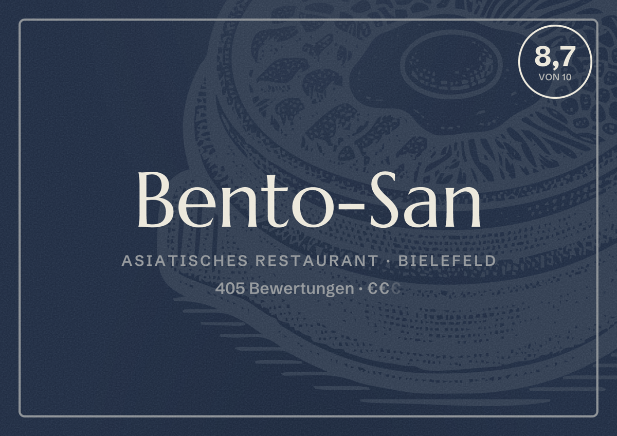 Illustriertes Poster von Bento-San, Asiatisches Restaurant in Bielefeld: Bewertung 8,7 von 10 aus 405 Bewertungen, Preisniveau €€