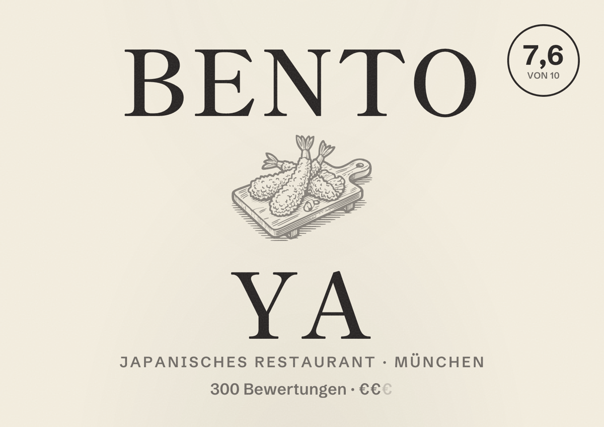 Illustriertes Poster von BENTO YA, Japanisches Restaurant in München: Bewertung 7,6 von 10 aus 300 Bewertungen, Preisniveau €€