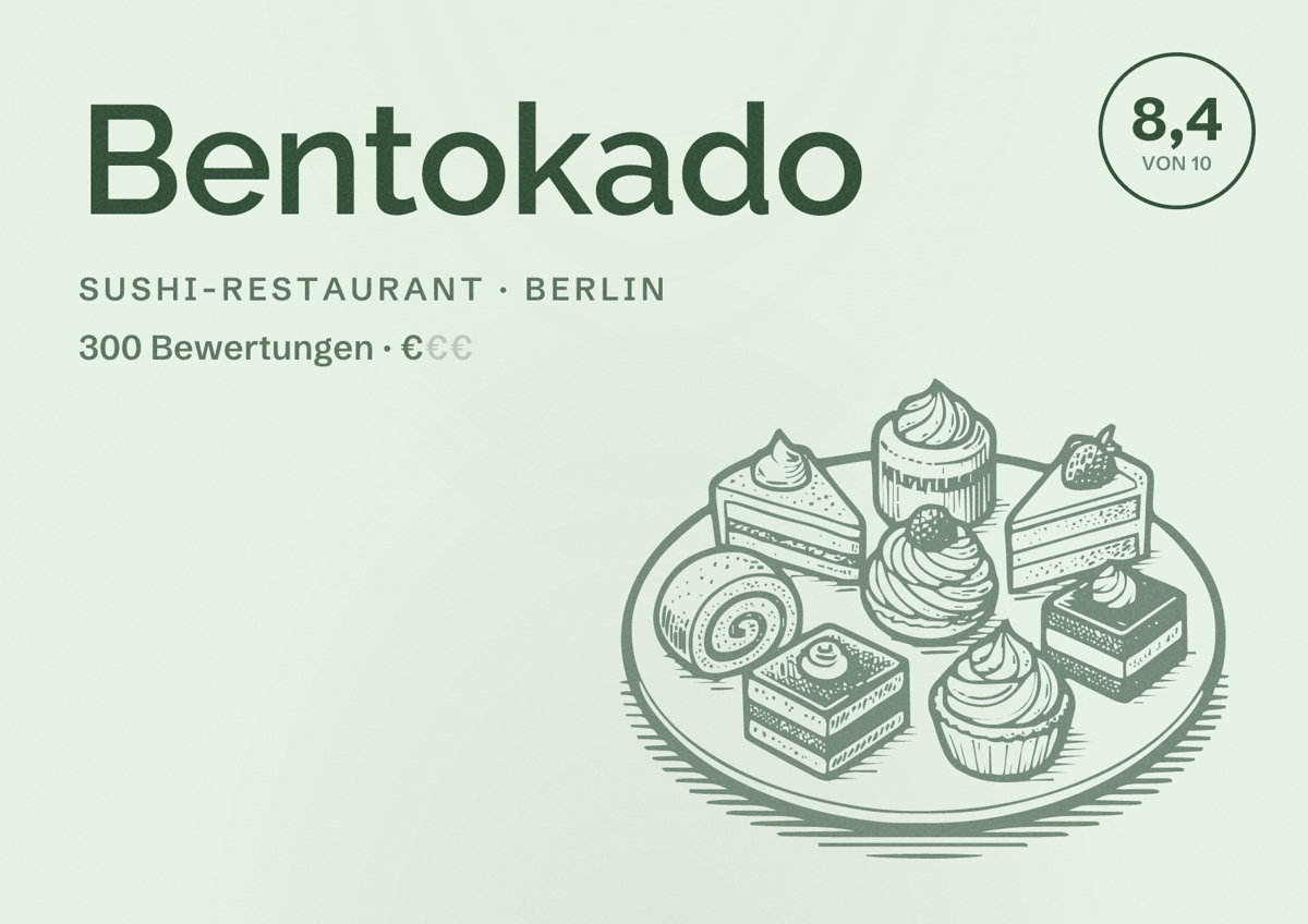 Illustriertes Poster von Bentokado, Sushi-Restaurant in Berlin: Bewertung 8,4 von 10 aus 300 Bewertungen, Preisniveau €