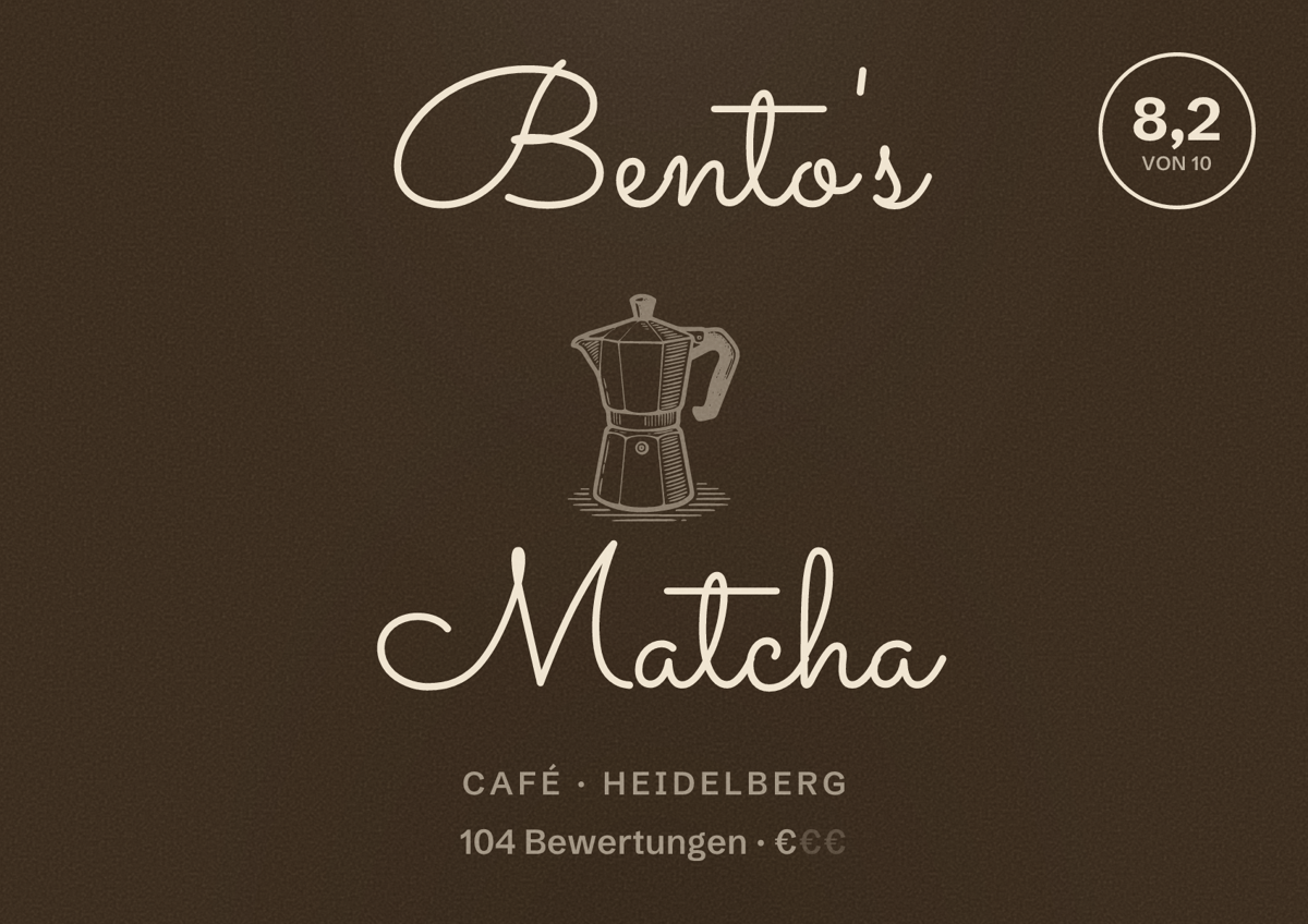 Illustriertes Poster von Bento's Matcha, Café in Heidelberg: Bewertung 8,2 von 10 aus 104 Bewertungen, Preisniveau €