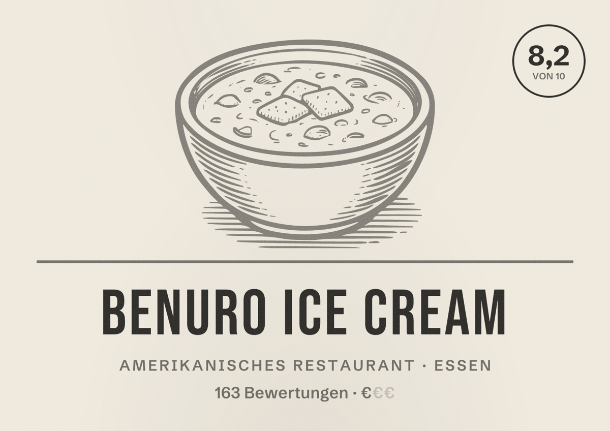 Illustriertes Poster von Benuro Ice Cream, Amerikanisches Restaurant in Essen: Bewertung 8,2 von 10 aus 163 Bewertungen, Preisniveau €
