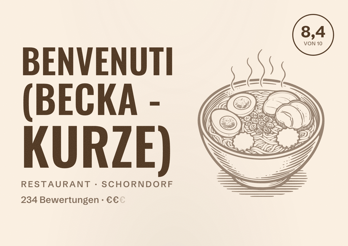 Illustriertes Poster von Benvenuti (Becka - Kurze), Restaurant in Schorndorf: Bewertung 8,4 von 10 aus 234 Bewertungen, Preisniveau €€