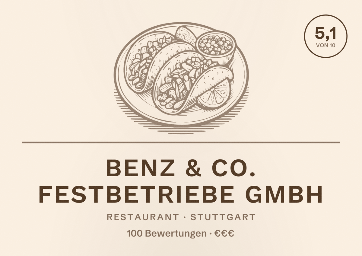 Illustriertes Poster von BENZ & CO. Festbetriebe GmbH, Restaurant in Stuttgart: Bewertung 5,1 von 10 aus 100 Bewertungen, Preisniveau €€€